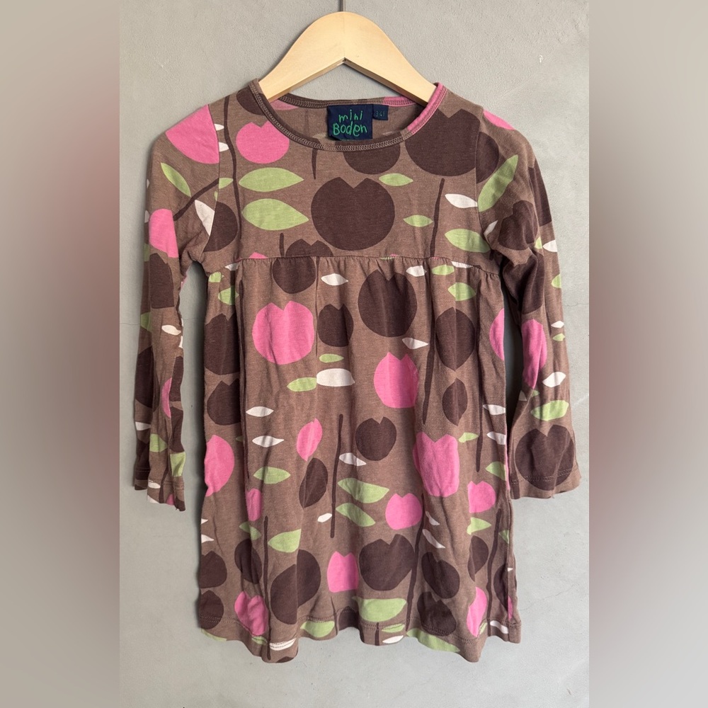 HTF Mini Boden long-sleeve A-line dress brown pink floral 3-4Y